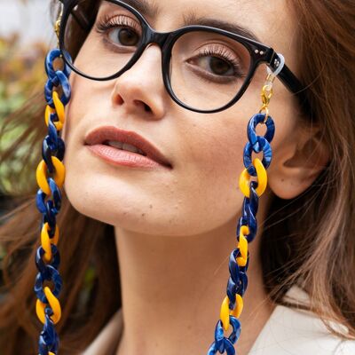 Cadena para gafas - Cadena acrílica gruesa mostaza y azul mármol - perfecta para llevar con gafas de sol, como soporte para gafas