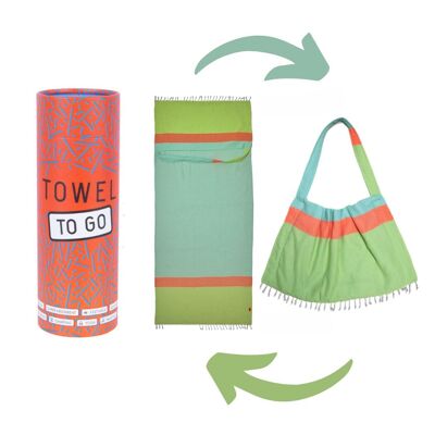 Toalla de playa y bolso NEON "Dos en Uno" | Verde - Azul | Algodón Reciclado, con Caja de Regalo Reciclada