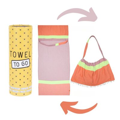 Toalla y bolsa de playa "dos en uno" NEON | Rojo - Rosa | Algodón Reciclado, con Caja de Regalo Reciclada