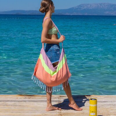 Toalla y bolsa de playa "dos en uno" NEON | Rojo - Rosa | Algodón Reciclado, con Caja de Regalo Reciclada