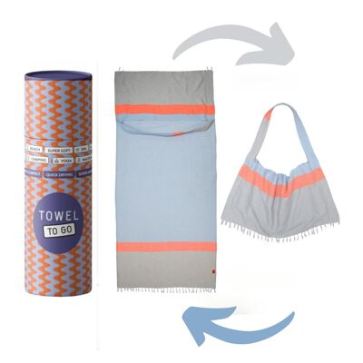 Toalla y bolsa de playa "dos en uno" NEON | Azul - Gris | Algodón Reciclado, con Caja de Regalo Reciclada