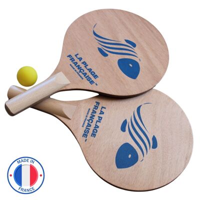 Kit de raquetas de playa de madera barnizada hechas a mano en Francia.