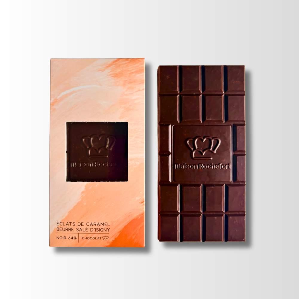 64% dark chocolate bars with salted butter caramel chips