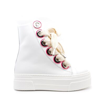 Hohe Sneaker aus weißem Calipso Leder in Fluo Fuchsia