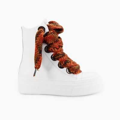 Hohe Sneaker aus weißem Calipso-Leder mit mehrfarbigen Schnürsenkeln