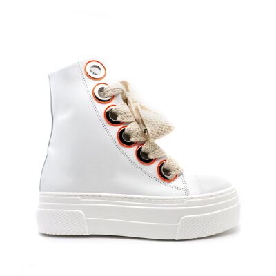Hohe Sneakers aus weißem Calipso-Leder in Fluo-Orange