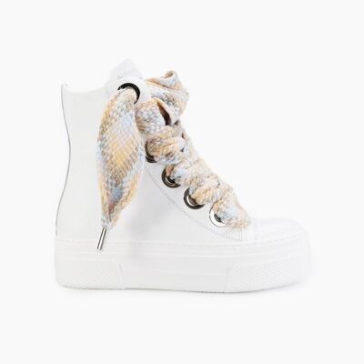 High Sneakers in white leather Calipso laccio cream multi