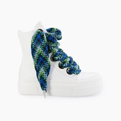 Hohe Sneakers aus weißem Calipso-Leder mit multiblauen Schnürsenkeln