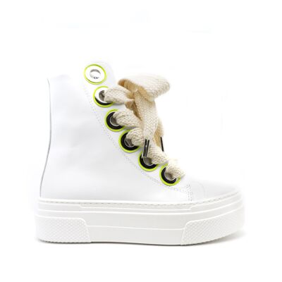 Hohe Sneaker aus weißem Calipso-Leder in Neongrün