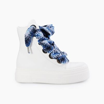 High Sneakers in white leather Calipso light blue lace multi