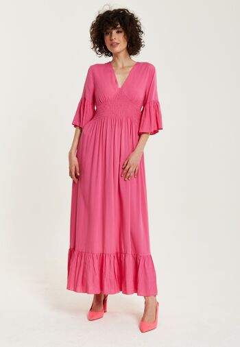 Robe longue rose liqueur avec manches à volants 2