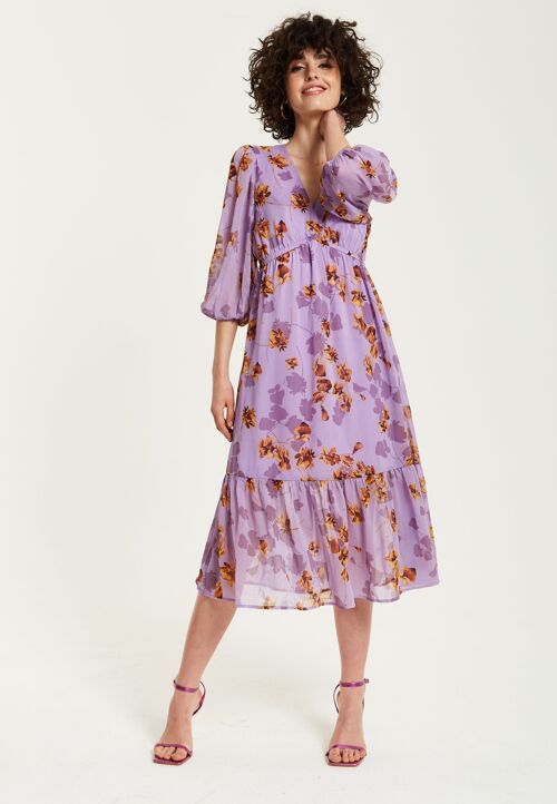 Liquorish Purple Floral V-Neck Midi Dress