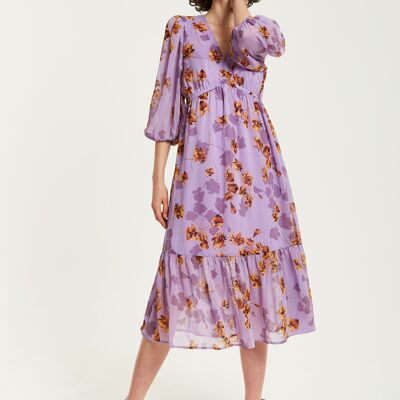 Robe mi-longue violette à fleurs et col en V Liquorish