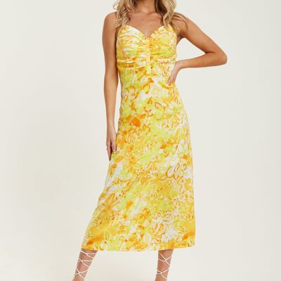 Vestido largo fruncido con estampado floral amarillo y naranja de Liquorish