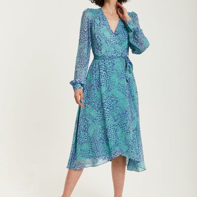 Liquorish Blue Animal Print Midi Wrap Dress