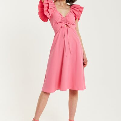 Liquorish Frill Sleeves Midi Dress in Pink With Ruching Front