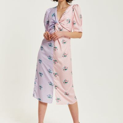 Liquorish Lilac And Pink Floral Knot Front Midi Dress With Short Sleeves