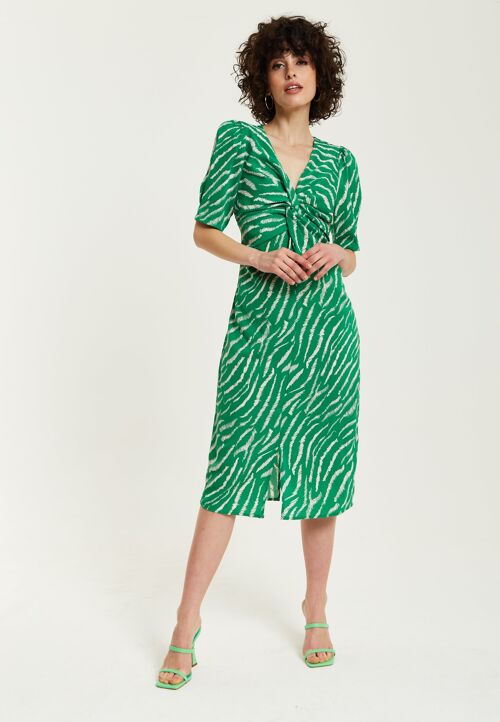 Liquorish Green Zebra Print Knot Front Midi Dress With Short Sleeves