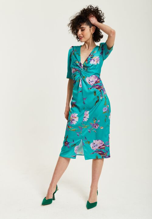 Liquorish Green Floral Knot Front Midi Dress