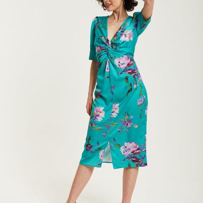 Abito midi davanti con nodo floreale verde liquore