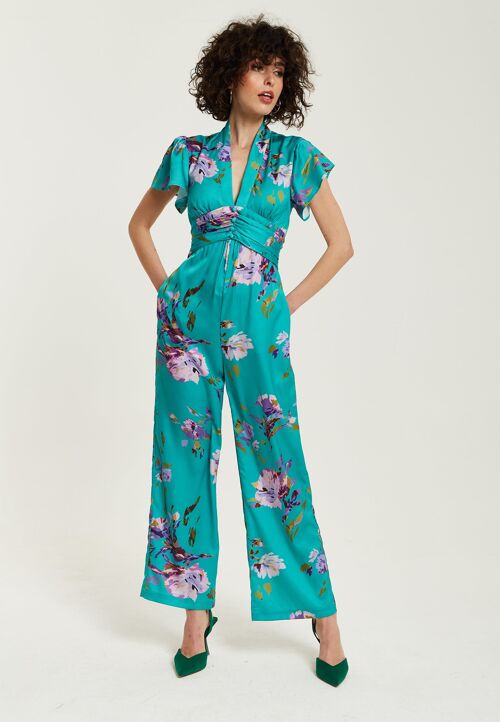 Liquorish Green Floral Jumpsuit With Short Sleeves