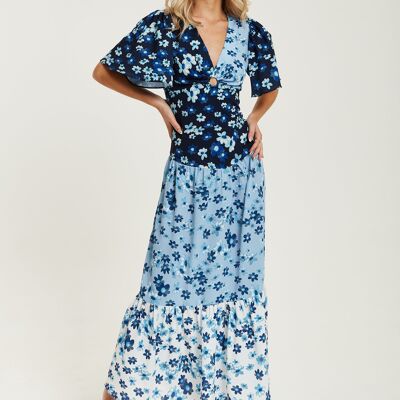 Liquorish Floral Print Midi Dress in Blue, Navy and White