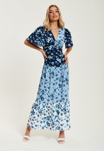 Robe mi-longue à imprimé floral Liquorish en bleu, bleu marine et blanc 1