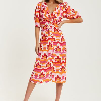 Liquorish Floral Knot Front Midi Dress in Orange and Pink