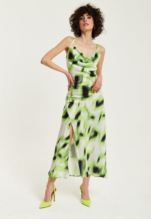 Liquorish Green and Black Abstract Print Cowl Neck Midi Dress