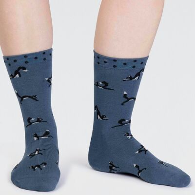 Chai Bamboo Yoga Cats Socks - Misty Blue