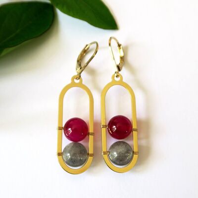 Isis agate and labradorite stone earrings in gold metal