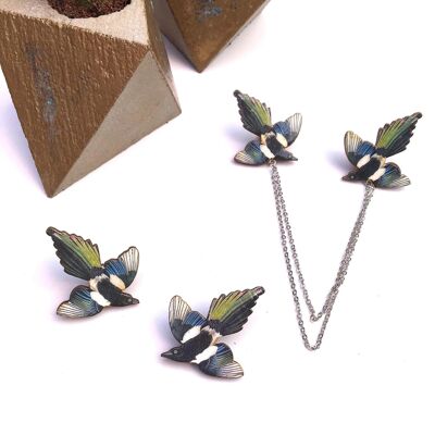 Magpie pin collar pins - Matching pair - silver chain