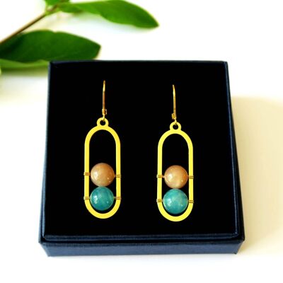 Boucles d'oreilles pierre de lune orangée et amazonite dorées à l'or fin Isis