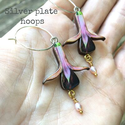 Fuchsia earrings - Fuchsia Pink silver plate hoops & pearl