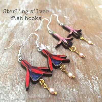 Fuchsia earrings - Fuchsia Pink sterling silver fish hooks & pearl