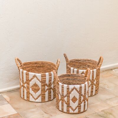Basket laundry basket plant basket Large storage basket round NASARI made of banana fiber with macramé pattern made of cotton yarn
