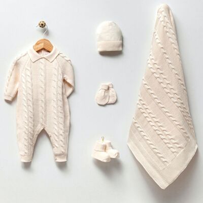 Set di maglieria per neonati stile intrecciato in cotone e lana combinato 0-3 mesi