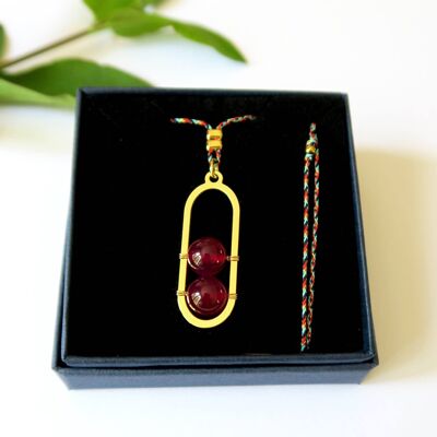 collier long réglable doré en agate rouge et cordon