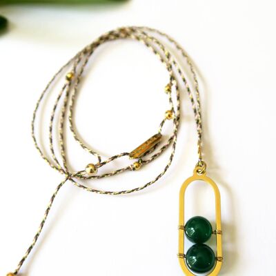 Long adjustable golden necklace in green agate and Isis cord