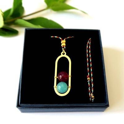 Gold adjustable cord necklace in red agate and amazonite