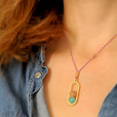 Adjustable golden cord necklace in moonstone and amazonite