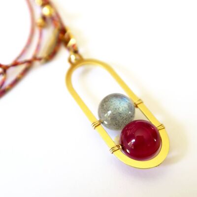 Collier long réglable doré agate rouge et labradorite Isis