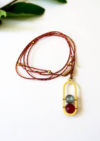 Collier long réglable doré agate rouge et labradorite Isis 2