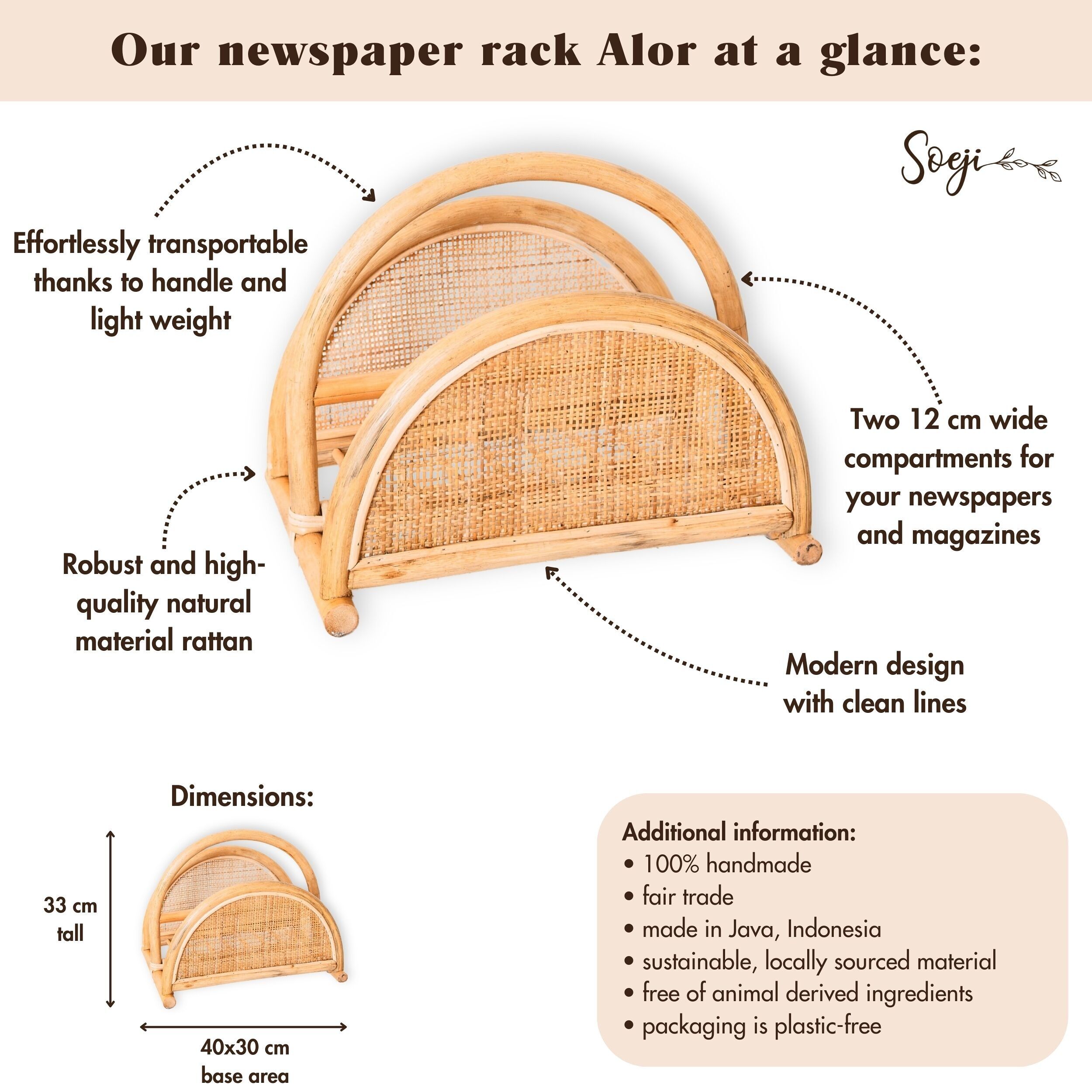 Zeitungsständer aus Rattan – Zeitschriftenhalter – Boho Zeitungskorb – Handgemachter Rattan Magazin- oder Zeitungshalter ALOR