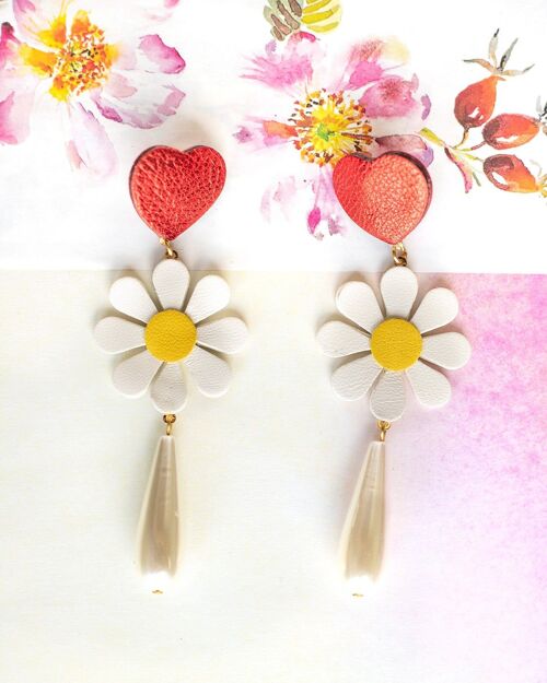 Boucles d'oreilles Marguerites Attaches Coeur - Format Midi