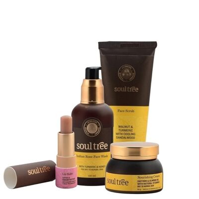 Soultree Rejuvenating Essentials for Her - Caja de regalo // (lavado facial de rosa de la India, exfoliante facial, crema nutritiva, bálsamo labial)