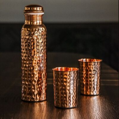 Hammer Flaschenset - Pure Copper Set: Flasche (1 l) + 2 Becher (300 ml) gehämmert