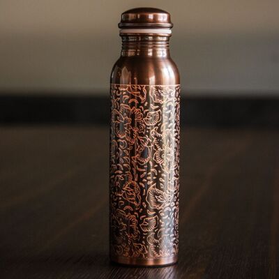 Botella de agua de cobre puro con grabado floral antiguo - 1 litro