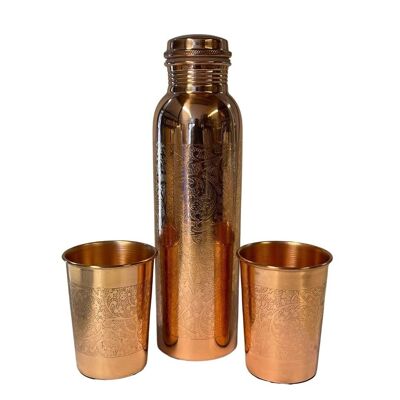 Pure Copper Set: Bottle (1 l) + 2 Cups Flower Pattern