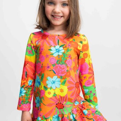 Girl's orange multicolor flowers cotton DRESS - KINROSS
